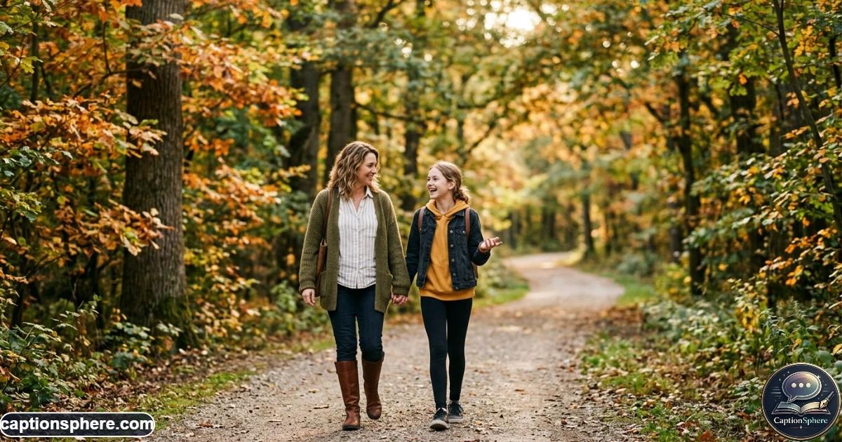 Mother and daughter walking together outdoors with relaxed smiles and natural expressions