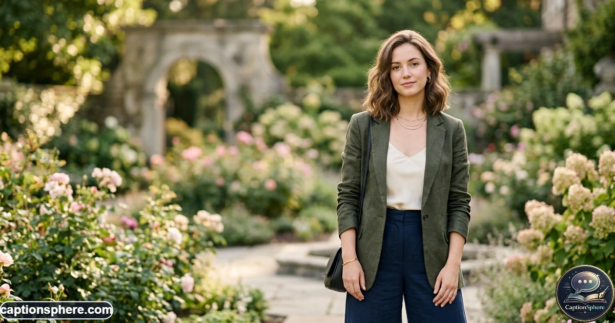 Young woman standing outdoors in an elegant outfit with natural confident expression