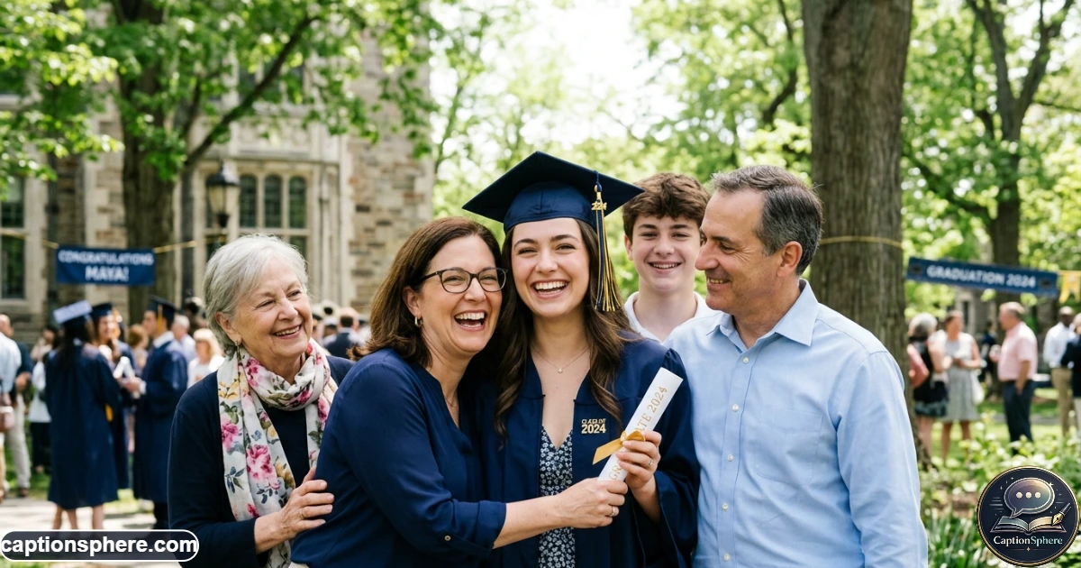 Daughter celebrating a graduation milestone with family in an outdoor setting