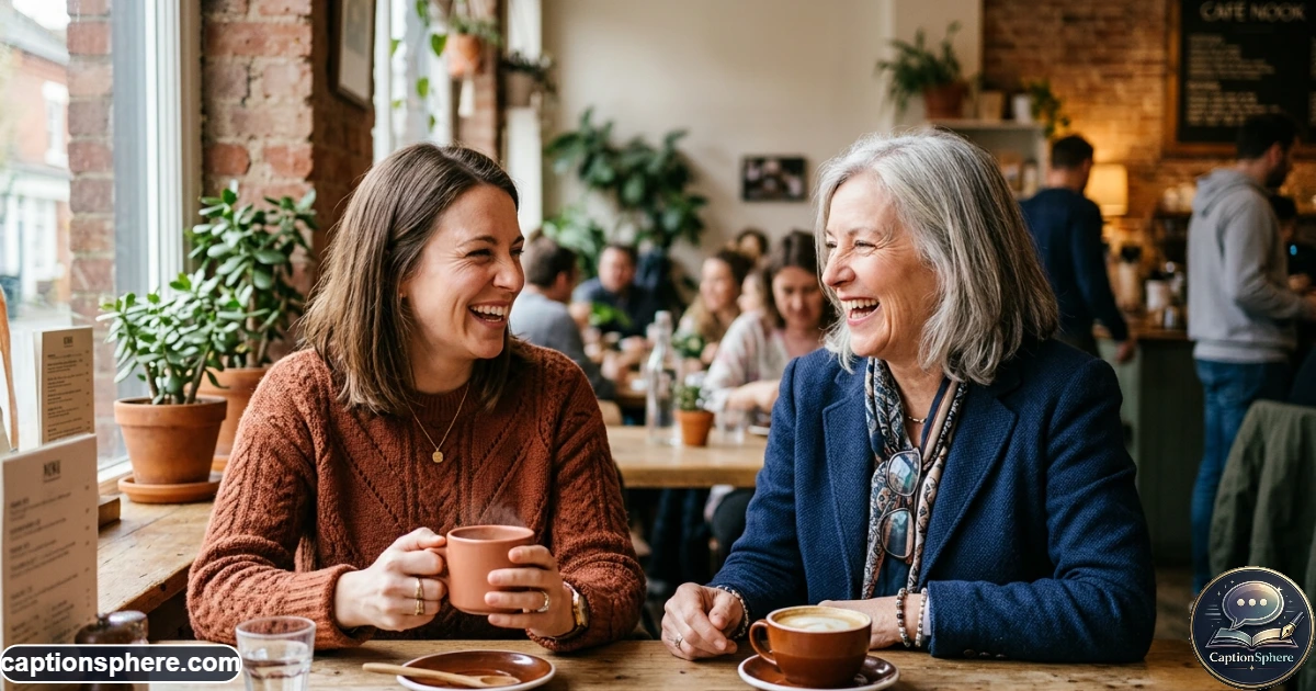 Adult daughter and mother enjoying a relaxed conversation at a cafe