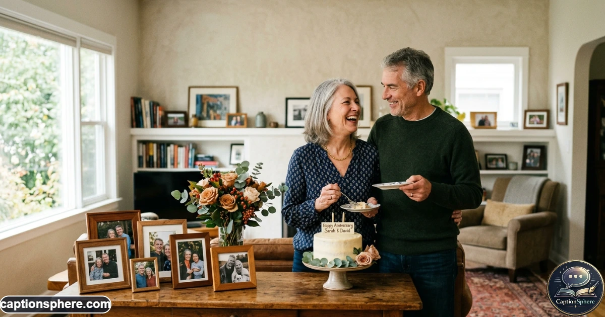 Parents smiling together during an anniversary celebration at home