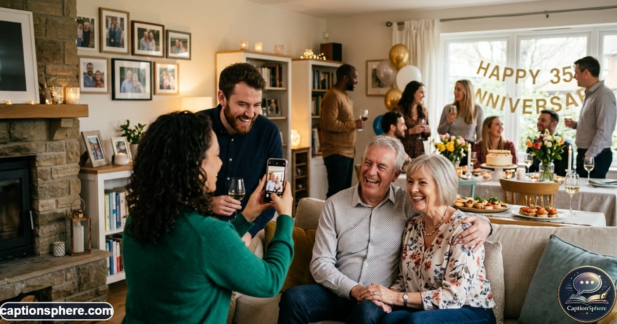Parents posing for a smartphone anniversary photo with family nearby
