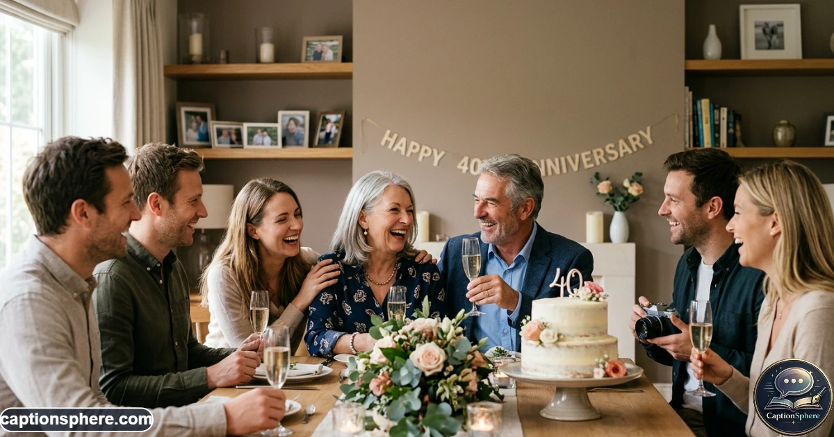 Long-married parents celebrating a milestone anniversary with family