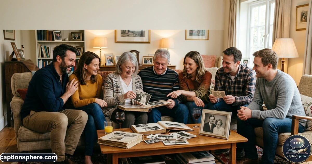 Family members sharing memories with parents during an anniversary celebration