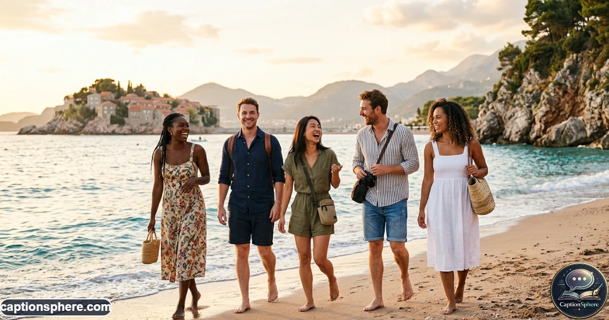 Friends laughing together during a sunny beach vacation