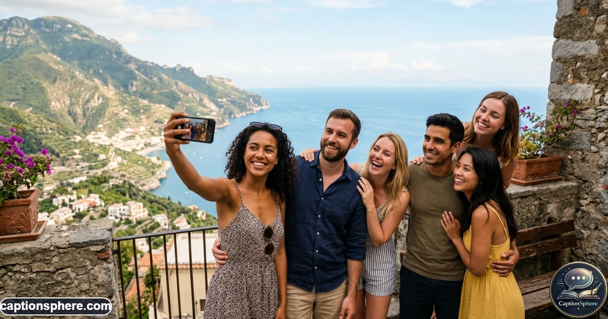 Friends posing together for a vacation group photo outdoors