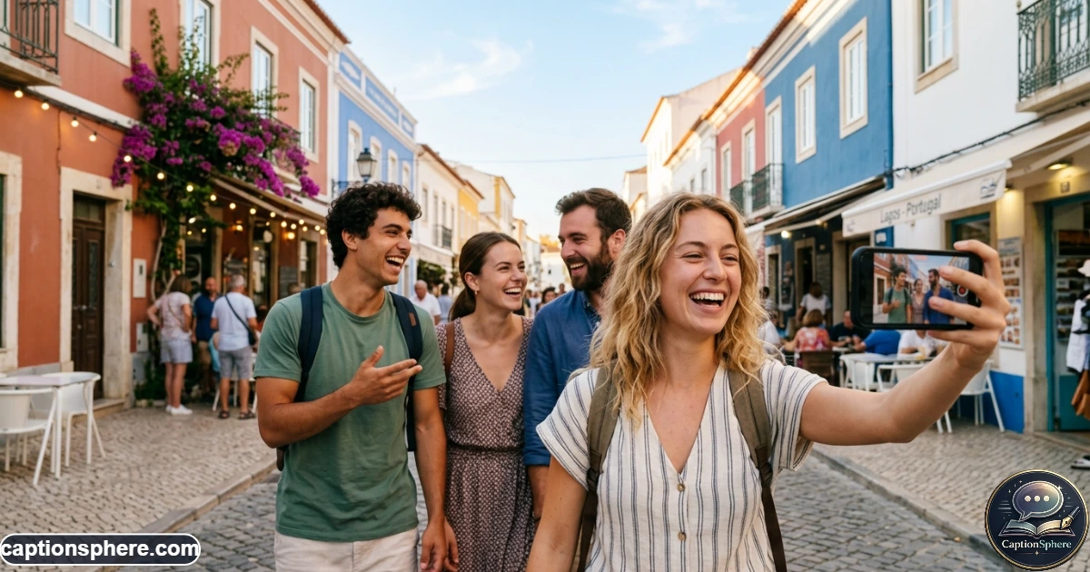 Friends recording a fun vacation video together for social media