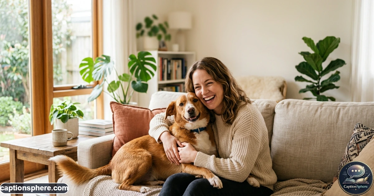 Happy dog cuddling with owner for a cute Instagram caption photo