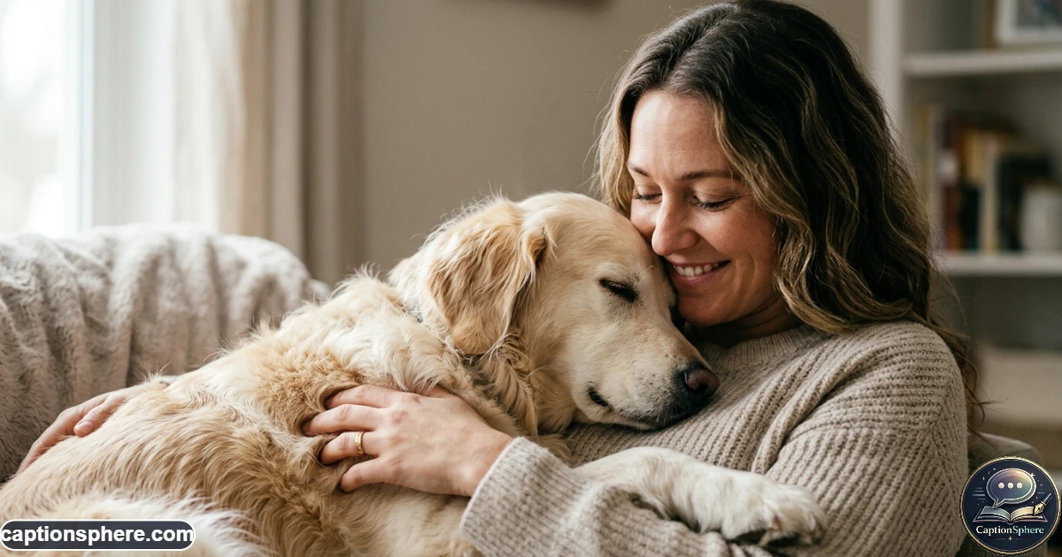 Close-up of owner gently cuddling a happy dog at home