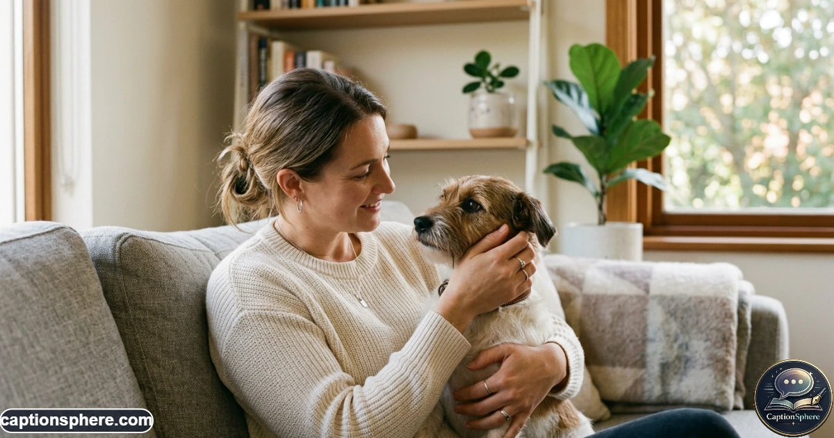 Owner affectionately touching dog's face during a heartfelt quiet moment