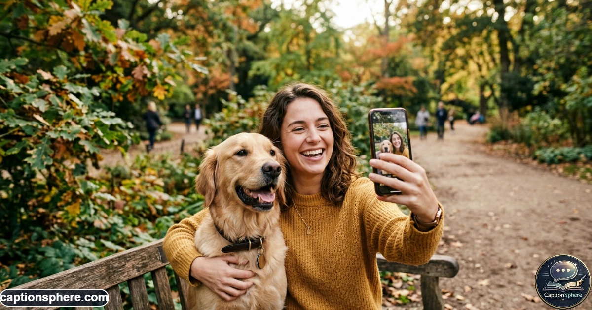 Happy owner taking a casual outdoor selfie with their dog