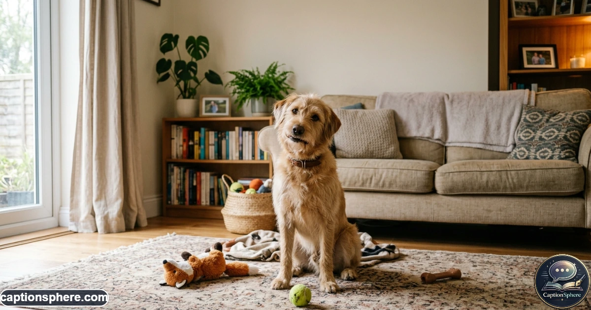 Playful dog making a mischievous expression while sitting in a cozy home