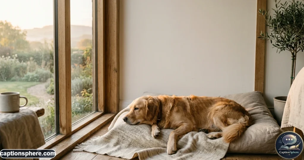 Calm dog resting in warm morning sunlight beside a cozy window
