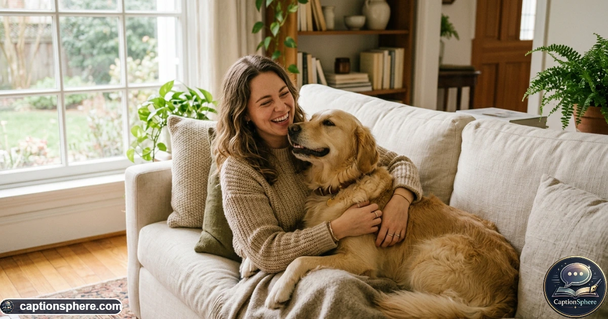 Cute golden retriever cuddling with owner for a dog Instagram caption photo
