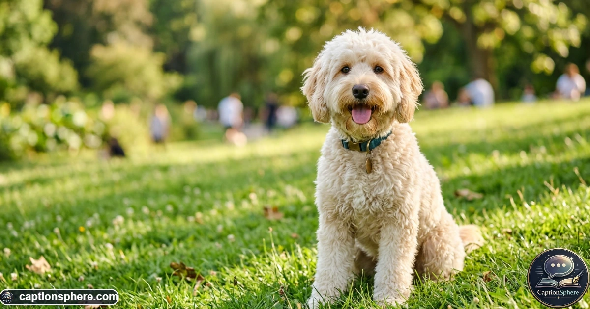 Happy fluffy dog posing outdoors with bright eyes and a cheerful expression