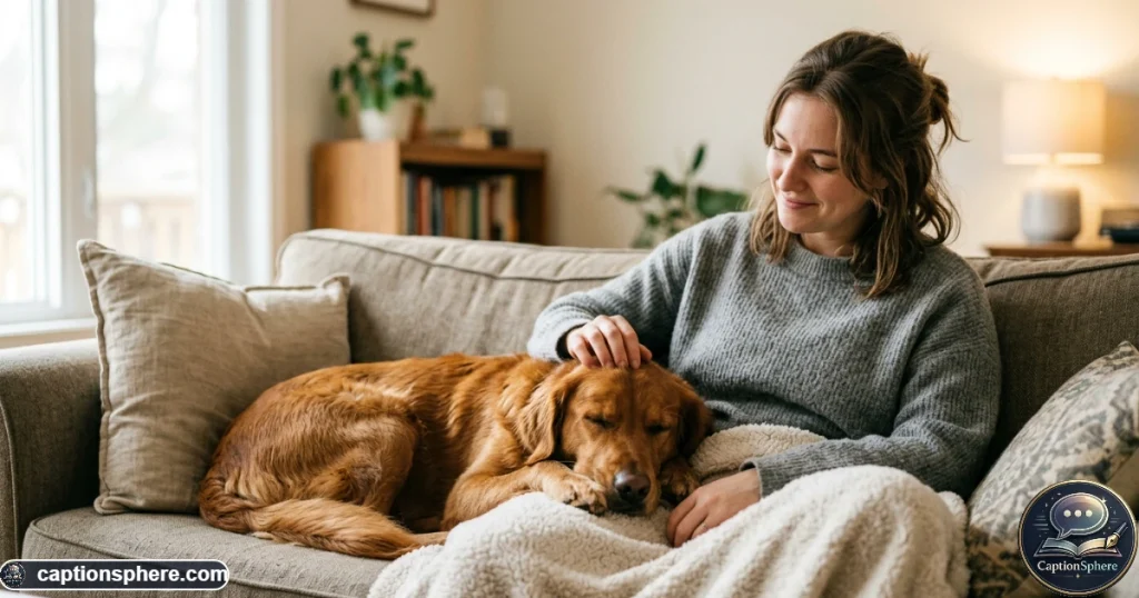 Loving dog resting peacefully beside its owner during a quiet home moment