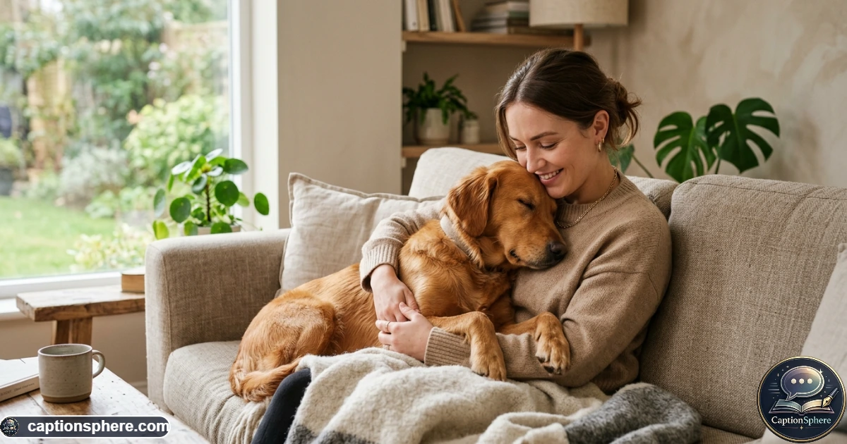 Owner cuddling a sleepy dog on a cozy sofa at home