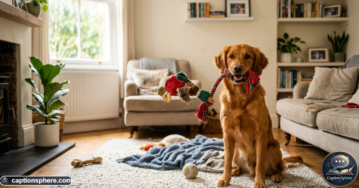 Playful dog holding a favorite toy with a funny mischievous expression