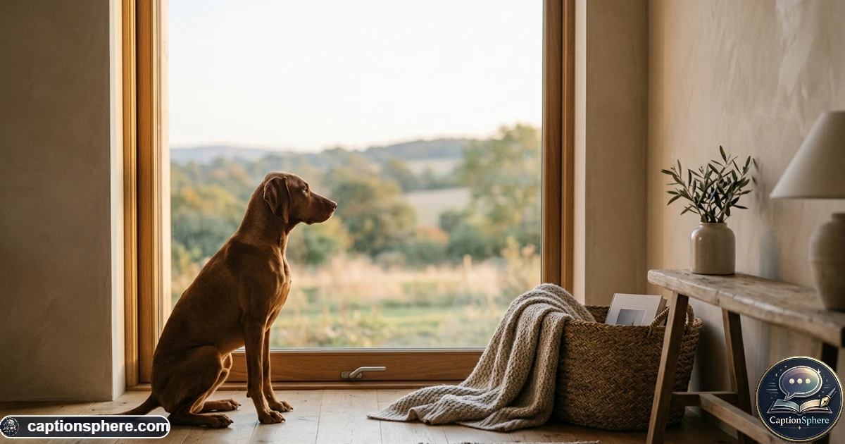 Elegant dog portrait sitting quietly in soft golden-hour window light