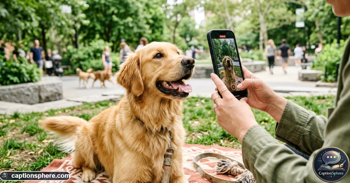Happy dog looking toward a smartphone camera during an Instagram-style video