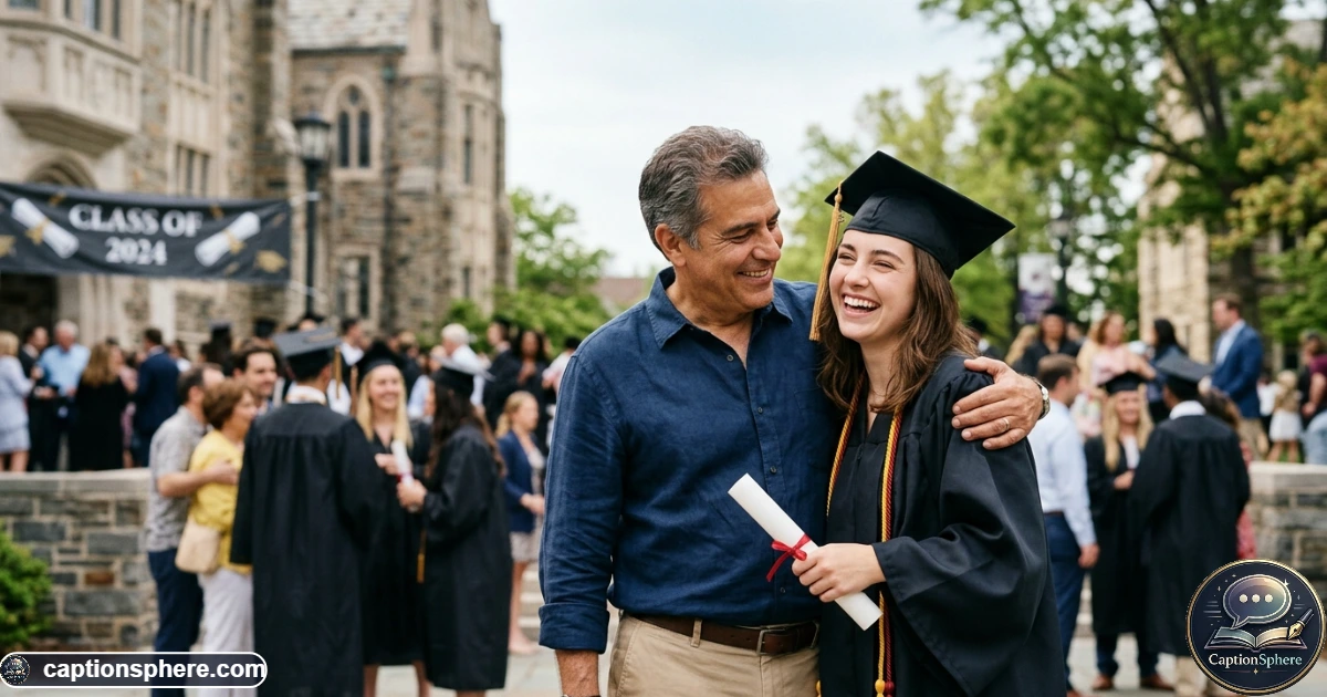 Proud father celebrating his daughter's graduation with a warm family embrace