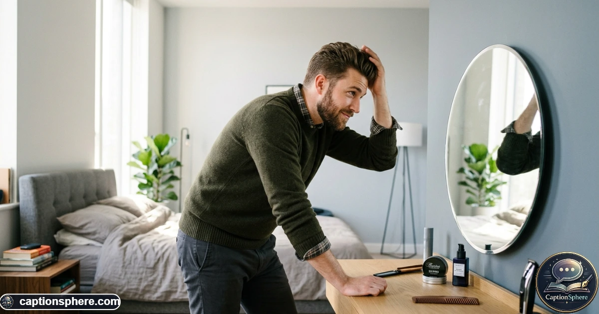Man styling his hair while preparing a polished men's grooming look at home