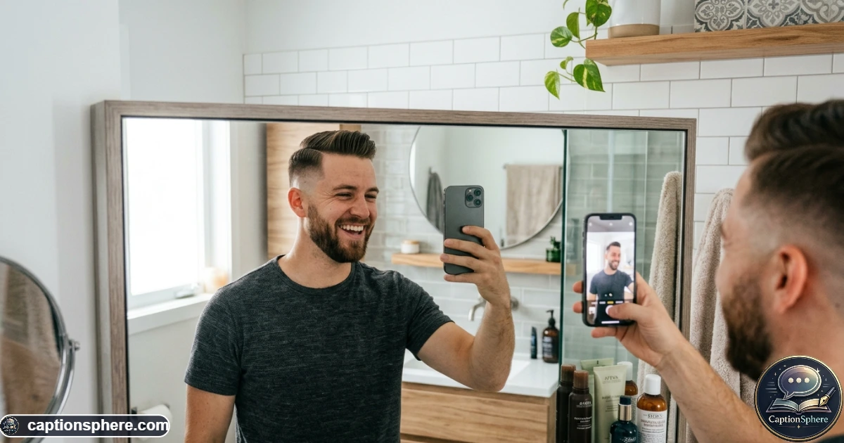 Smiling man showing off a fresh haircut during a playful grooming selfie