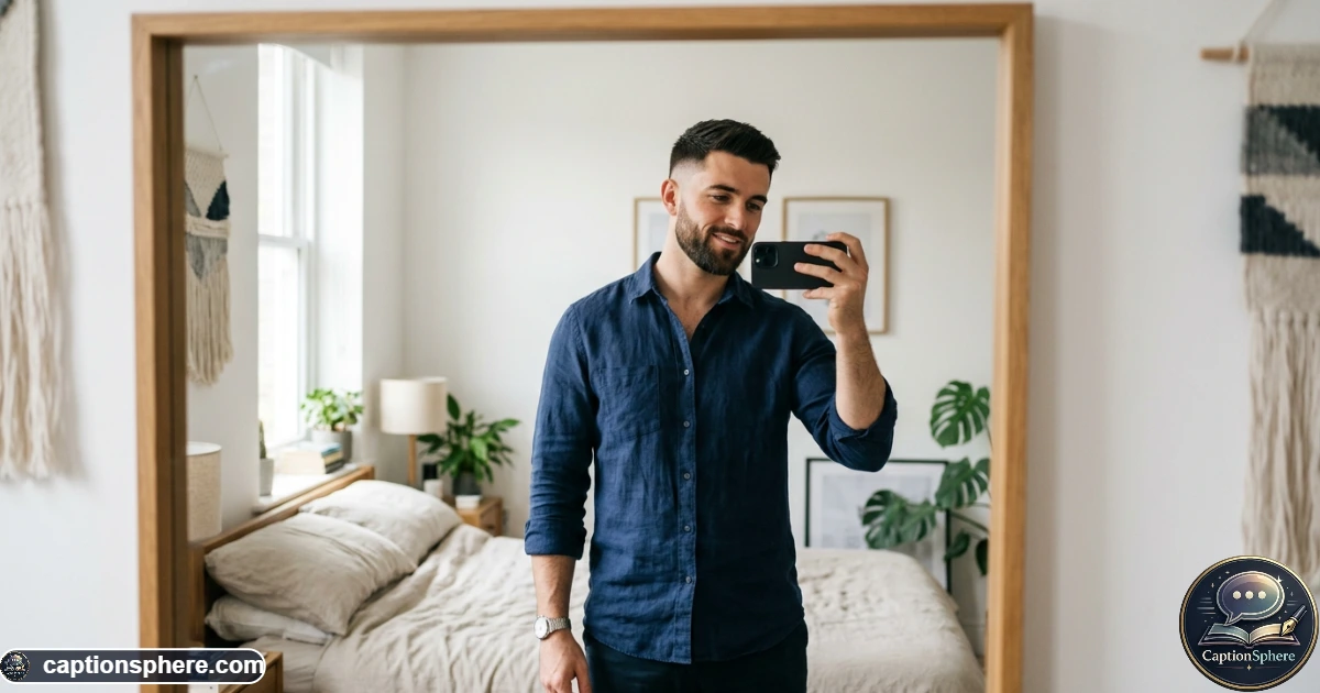 Well-groomed man taking a confident mirror selfie after getting a fresh look