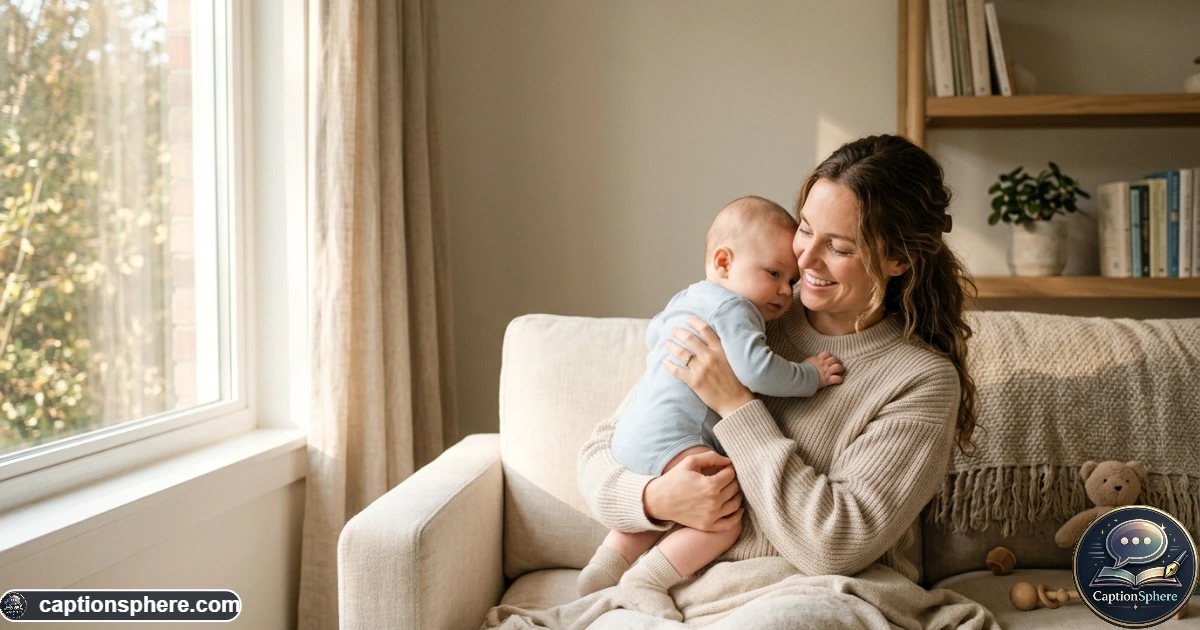 Mother cuddling her smiling baby boy during a warm natural family moment