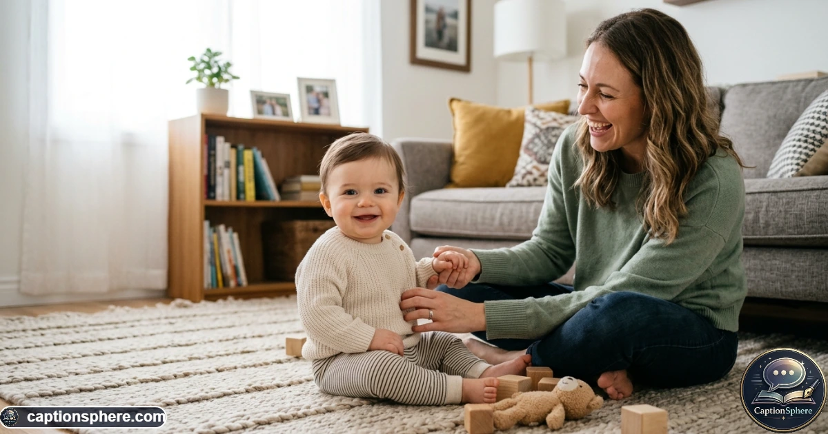 Smiling baby boy sitting beside his mother during a playful affectionate moment