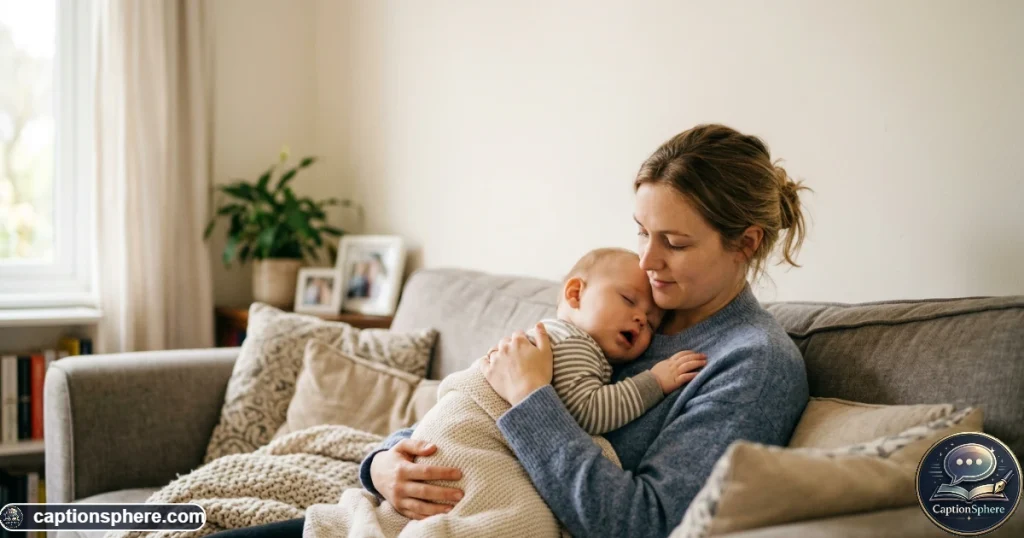 Sleepy baby boy resting peacefully against his mother during a cozy cuddle