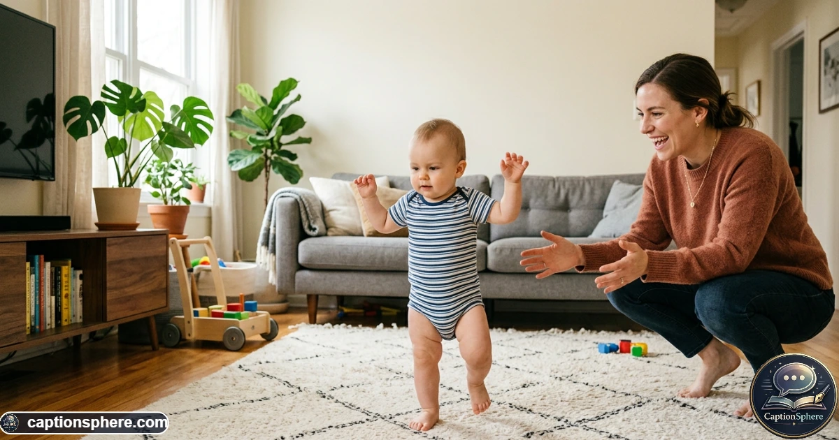 Mother encouraging her baby boy as he takes his first careful steps at home