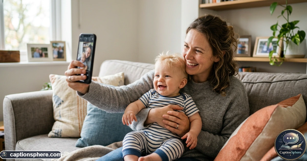 Mother taking a casual selfie with her smiling baby boy at home