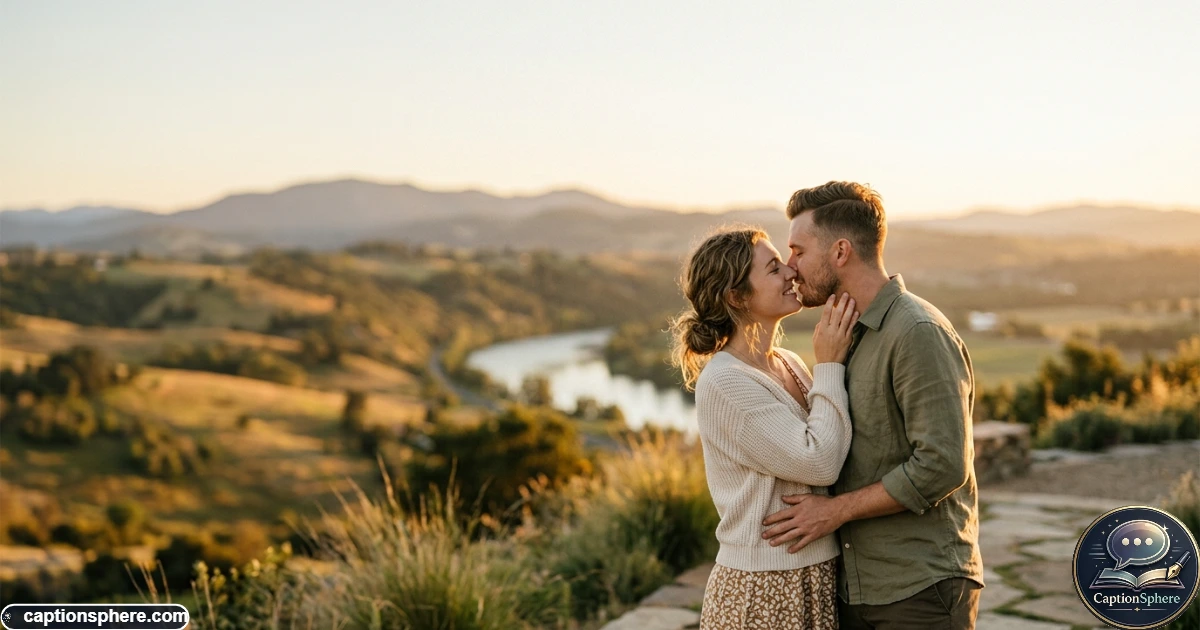 Romantic couple sharing a kiss outdoors during golden hour