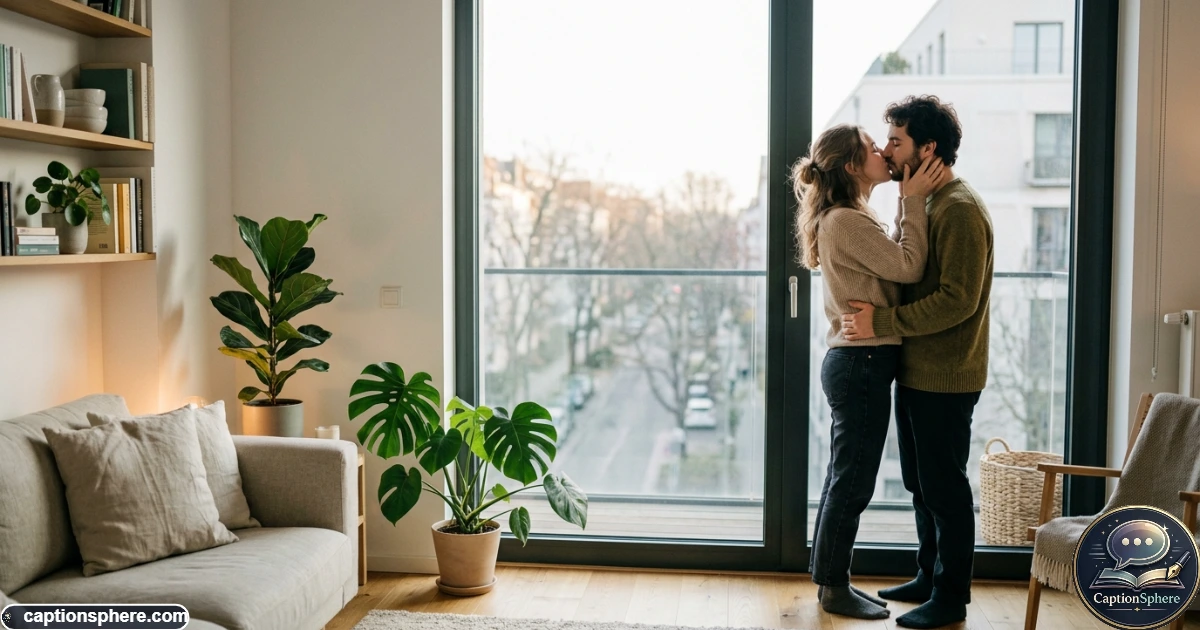 Romantic couple sharing an intimate kiss beside a softly lit window