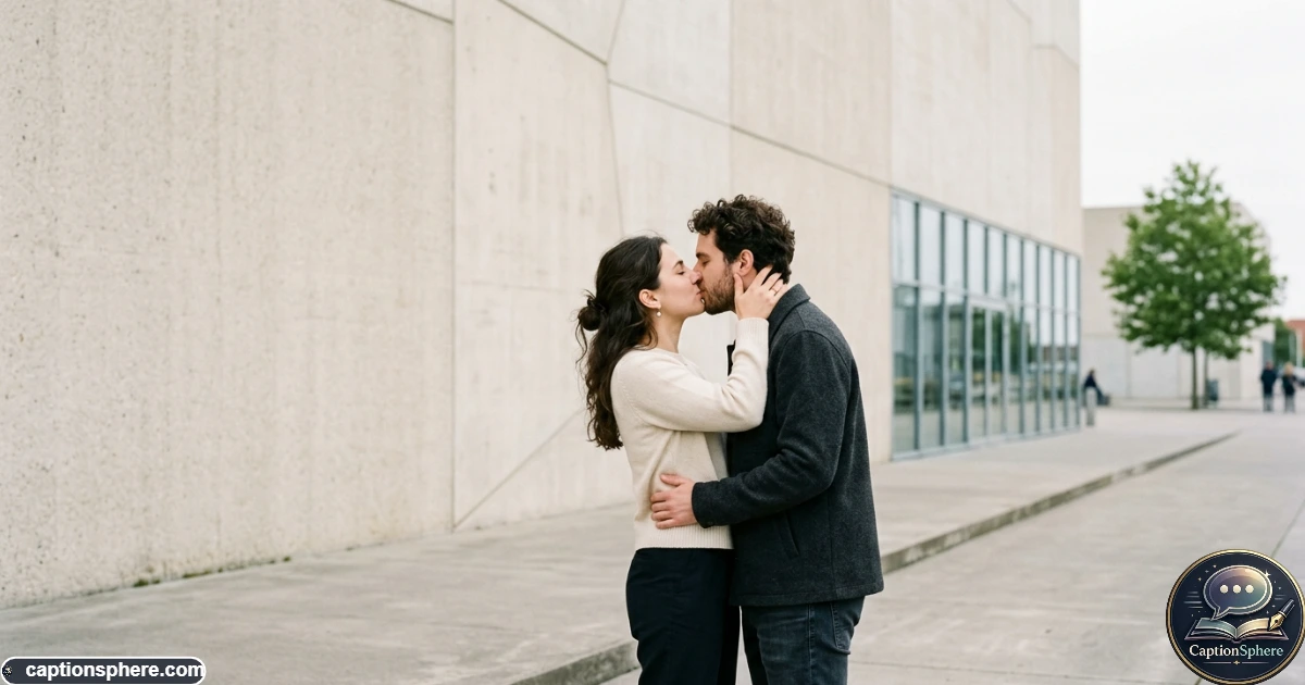 Couple sharing a simple kiss in a clean modern outdoor setting