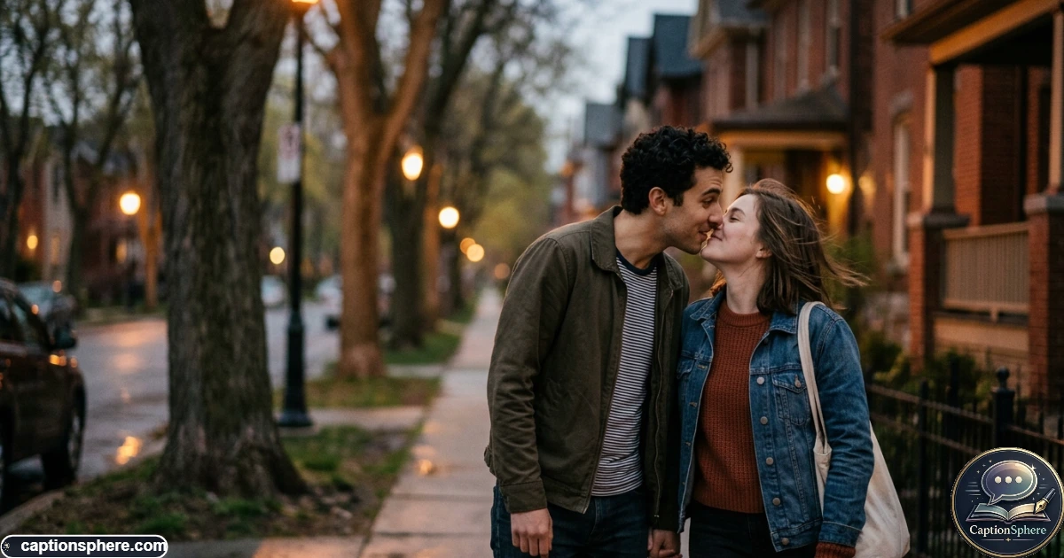 Young couple sharing an unexpected first kiss during a quiet evening