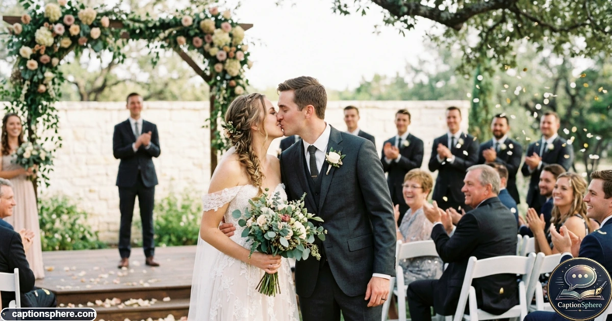 Newlywed couple sharing a joyful kiss after their wedding ceremony