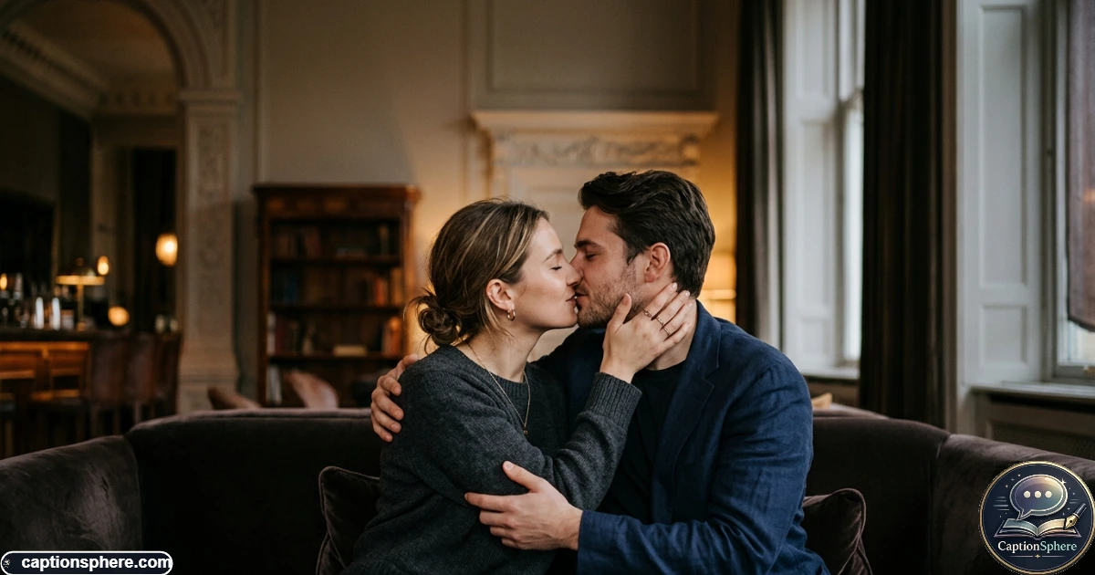 Elegant couple sharing a gentle kiss in a softly lit portrait
