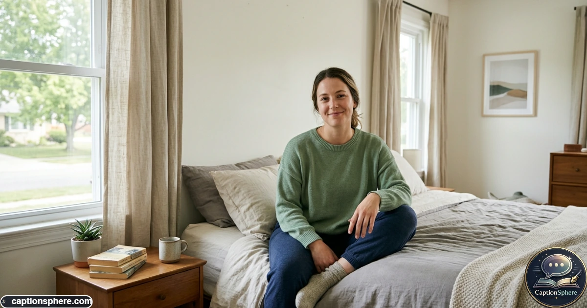 Mother embracing her postpartum body while standing naturally beside a bright bedroom window