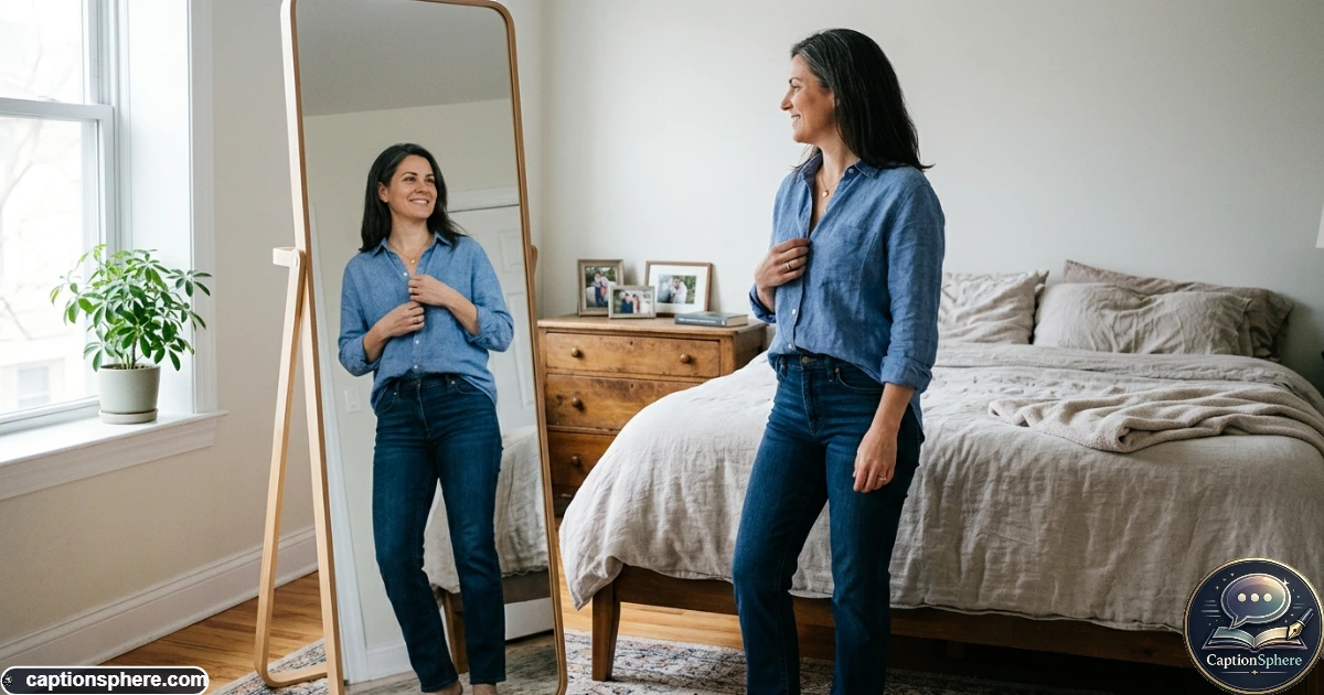 Mother smiling at her reflection while practicing natural body confidence at home