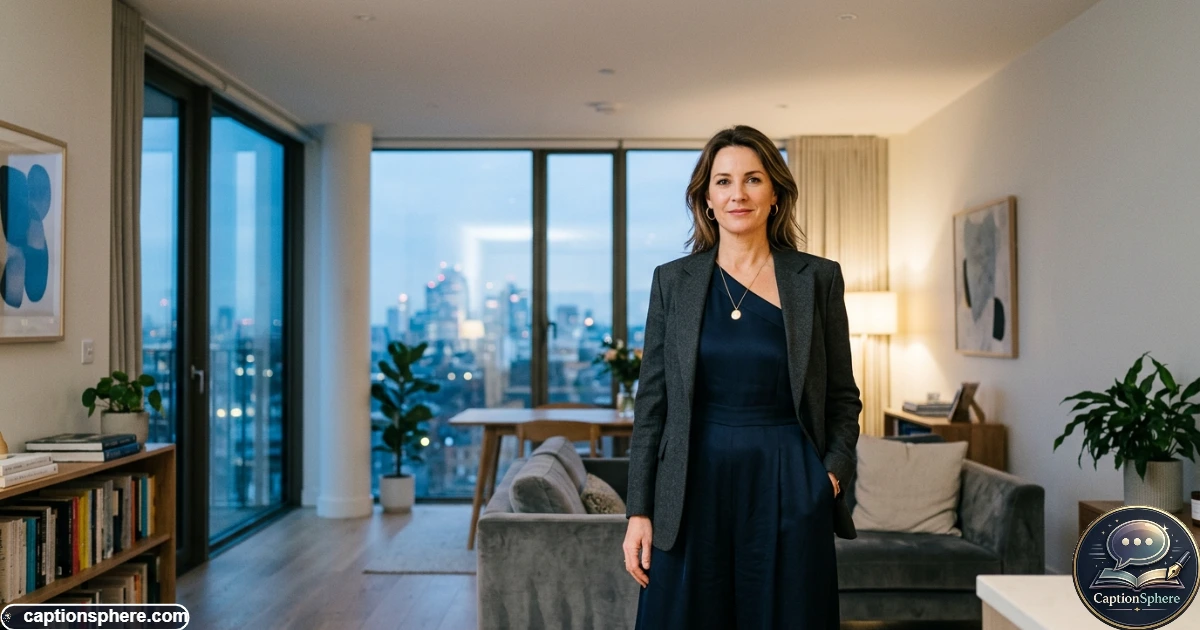 Confident mother posing in a stylish evening outfit with relaxed natural body language