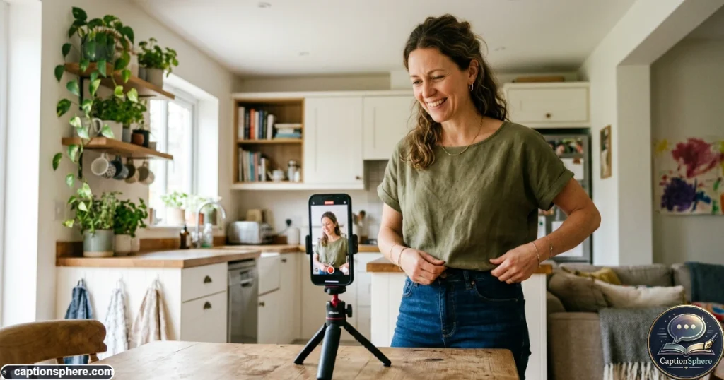 Mother recording a casual Instagram Reel while confidently enjoying a relaxed home moment