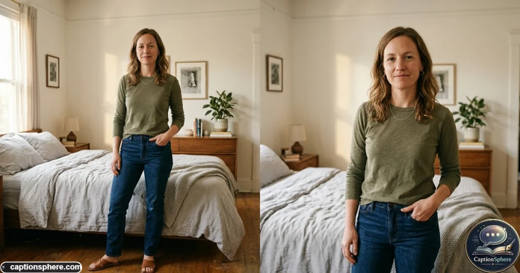 Mother confidently embracing her natural curves and body changes in a softly lit bedroom