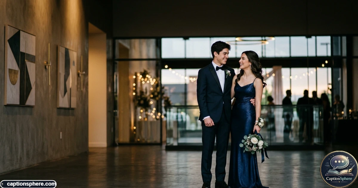 Young couple dancing together on a decorated prom dance floor