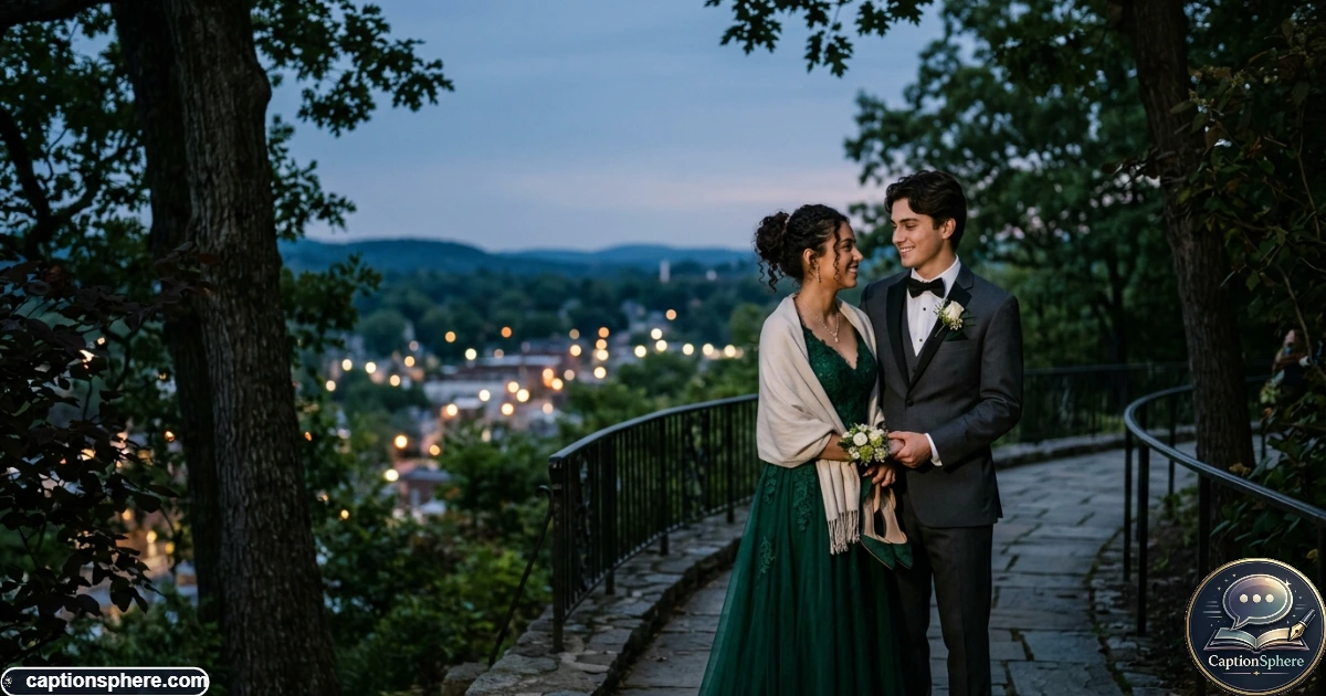 Young couple sharing a sentimental prom moment outdoors after sunset