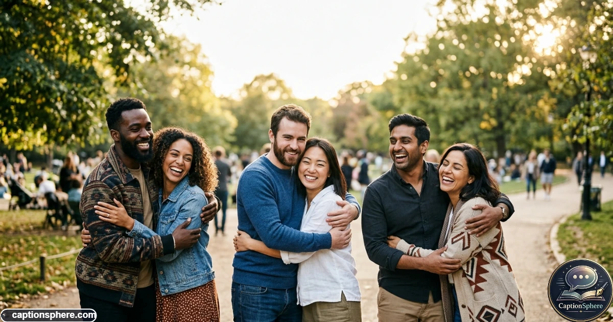 Friends smiling together during a joyful reunion gathering outdoors