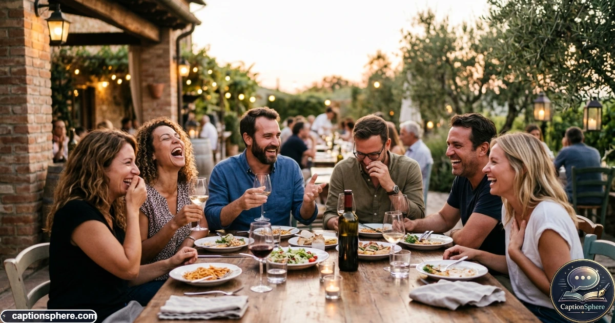 Friends laughing and joking together at a lively reunion gathering