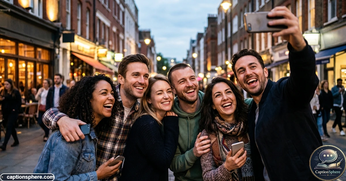 Happy friends taking a group selfie during their reunion