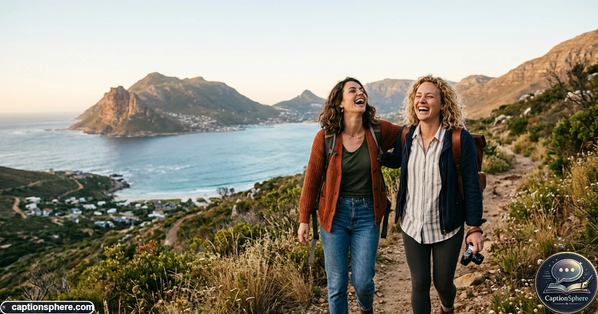 Two close friends laughing together during a carefree outdoor adventure